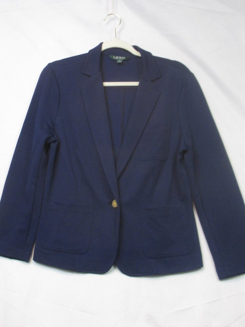 Lauren Ralph Lauren Stretch Blazer Size M Blue Jacket Logo Gold Buttons